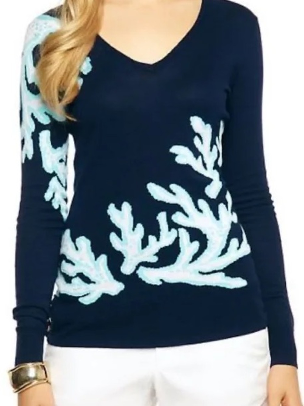 NWT Lilly Pulitzer Ainsley Navy V-Neck Sweater with Light Blue Coral Motif